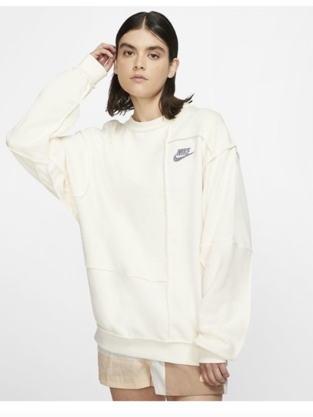 Nike Women's Crew Patchwork Sweatshirt in Cream with Small Logo